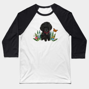 Black Fluffy Poodle Sitting on Grass with Flowers Baseball T-Shirt